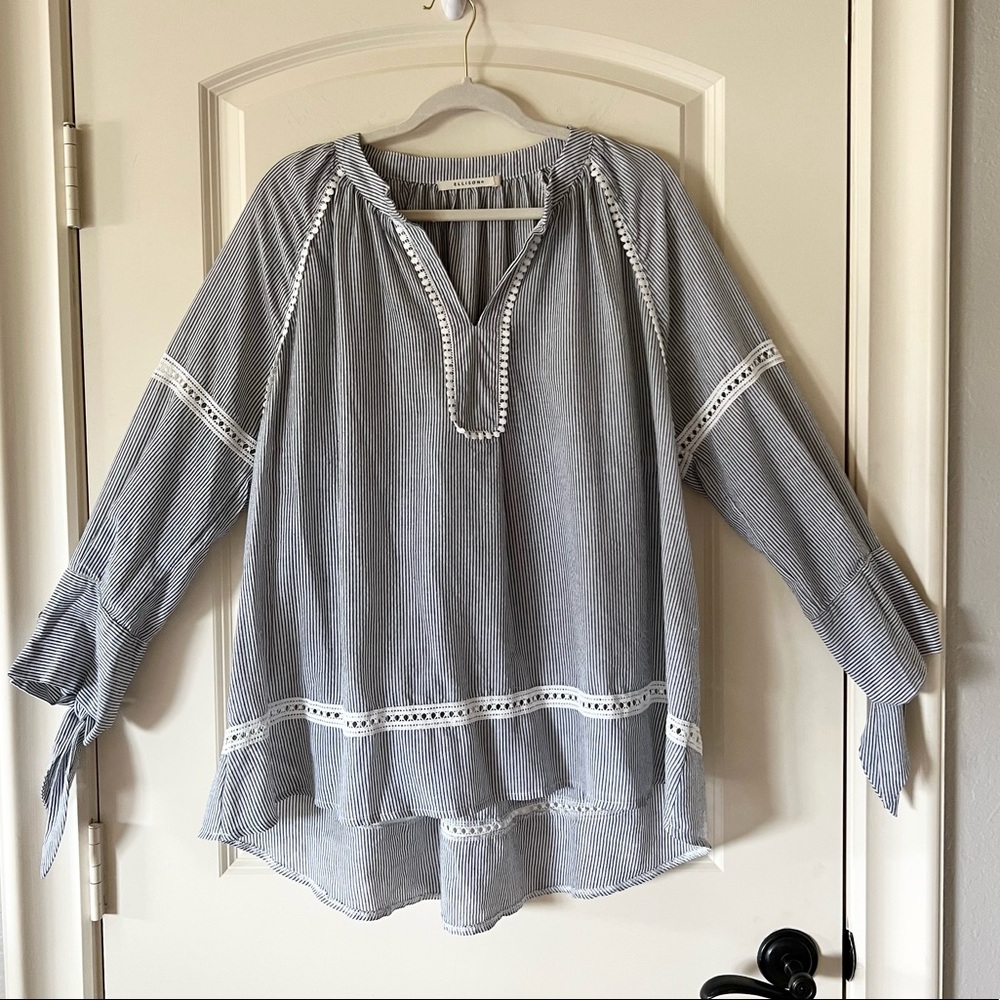 Blue and white pin stripe gauzy blouse by Ellison, large